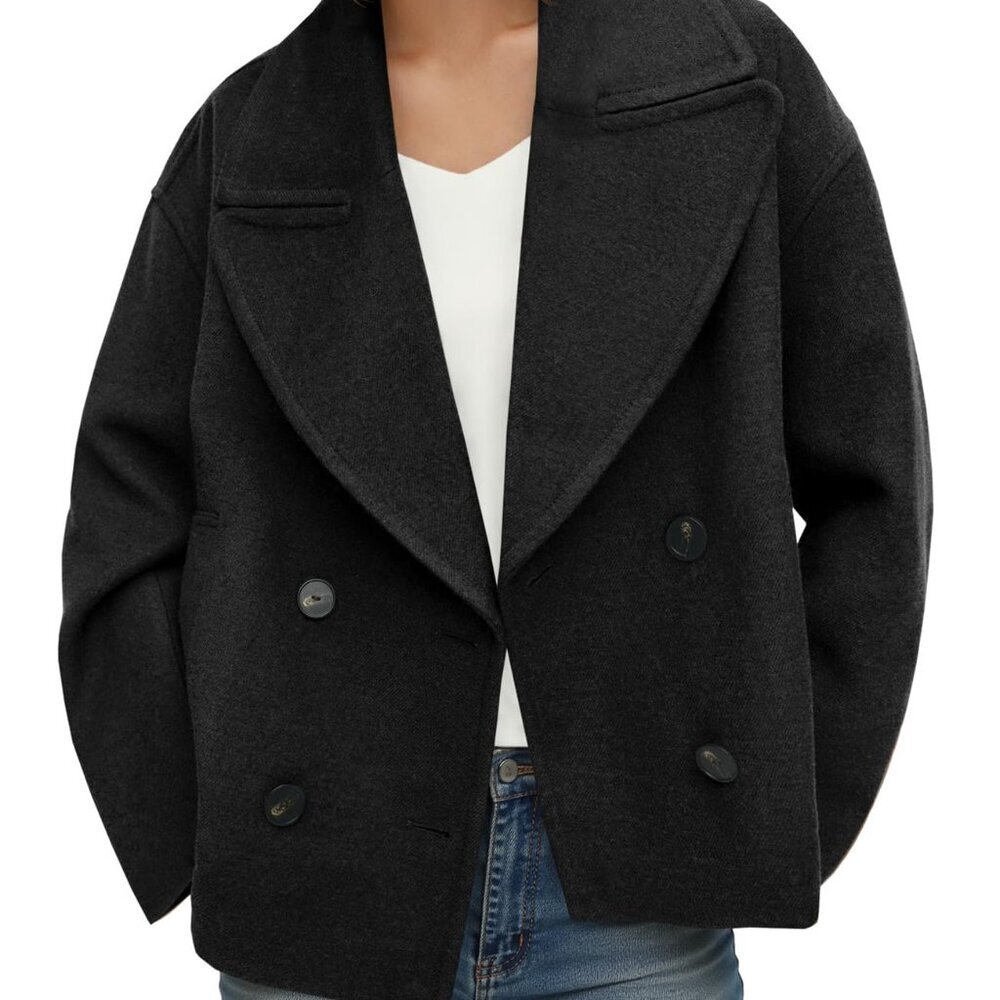 Cropped Wool Blend Pea Coat Classic Double Breasted Notched Lapel Chic